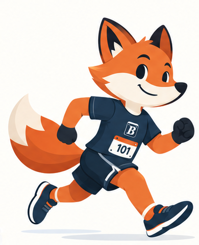 Wise Fox, BibWise’s smiling fox mascot, heading out for a run