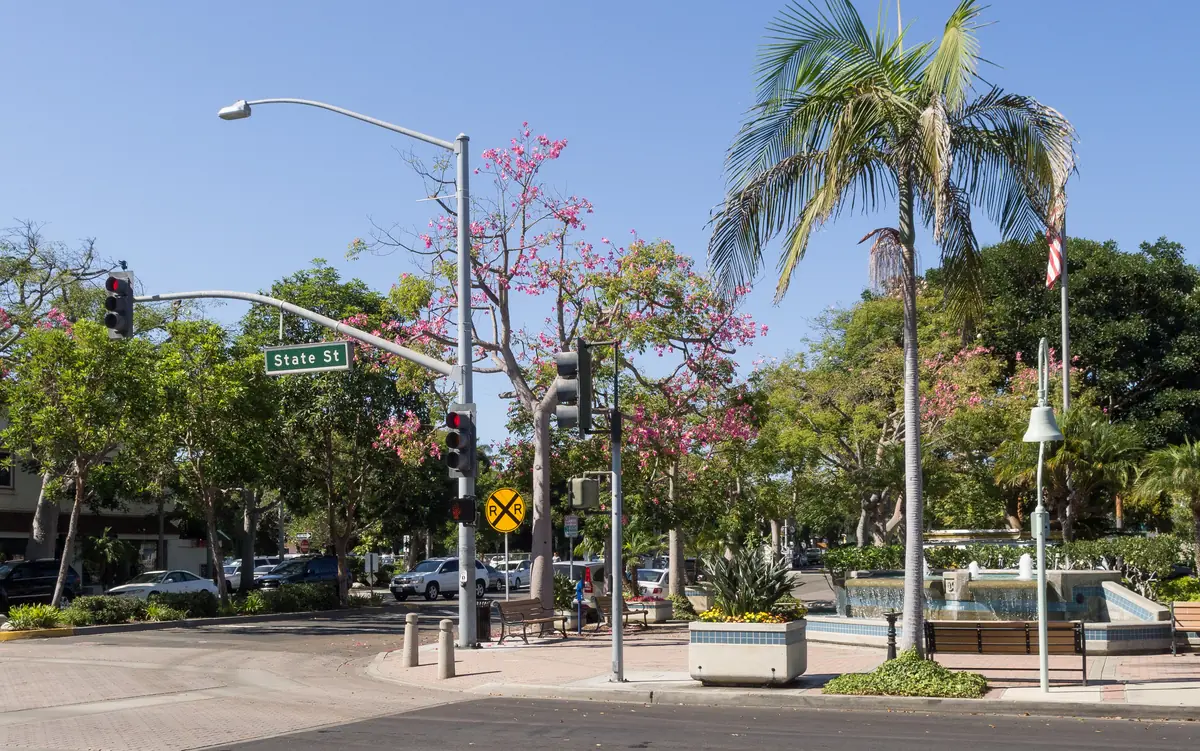 Carlsbad Village Fountain, historical bell, palms and State Street sign at the corner of State Street and Grand Avenue. Destination photo. Not the club or its route.