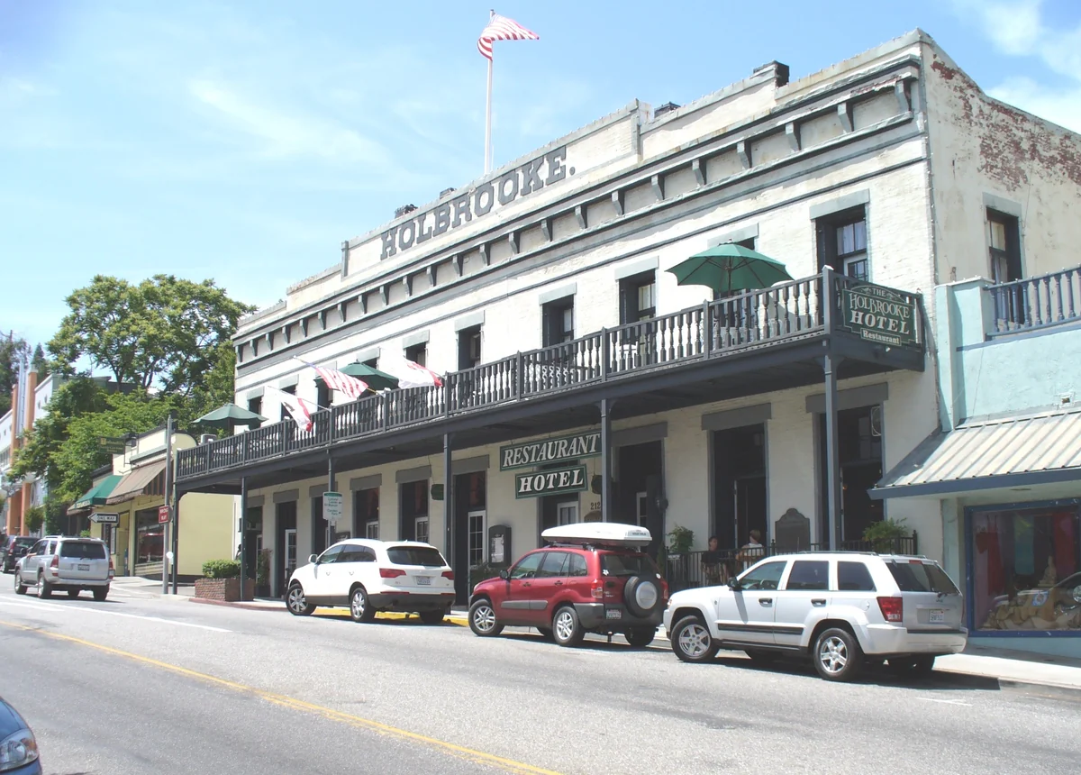The historic Holbrooke Hotel's signed facade and balcony on Main Street in Grass Valley, photographed in 2007 Destination photo. Not the club or its route.