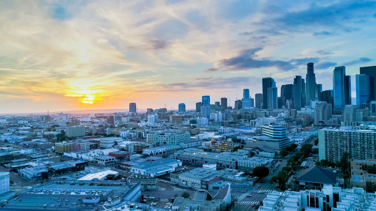 Downtown Los Angeles skyline and US Bank Tower at sunset. Not the club or its route.