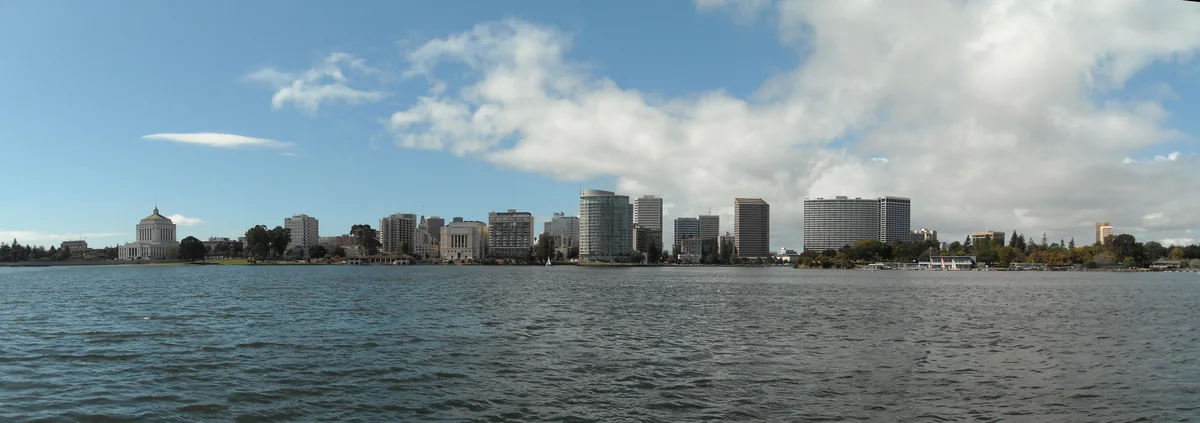 Oakland skyline across Lake Merritt. Destination photo. Not the club or its route.