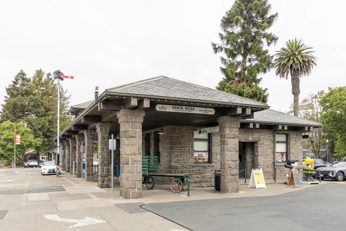 Santa Rosa’s historic stone railroad depot with its Santa Rosa station sign Destination photo. Not the club or its route.