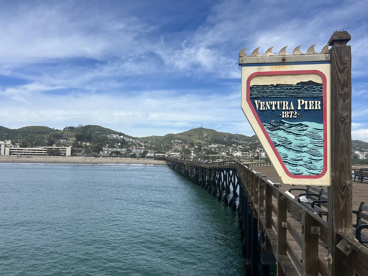 Ventura Pier with its historic sign, ocean, beach and Ventura hills. Not the club or its route.